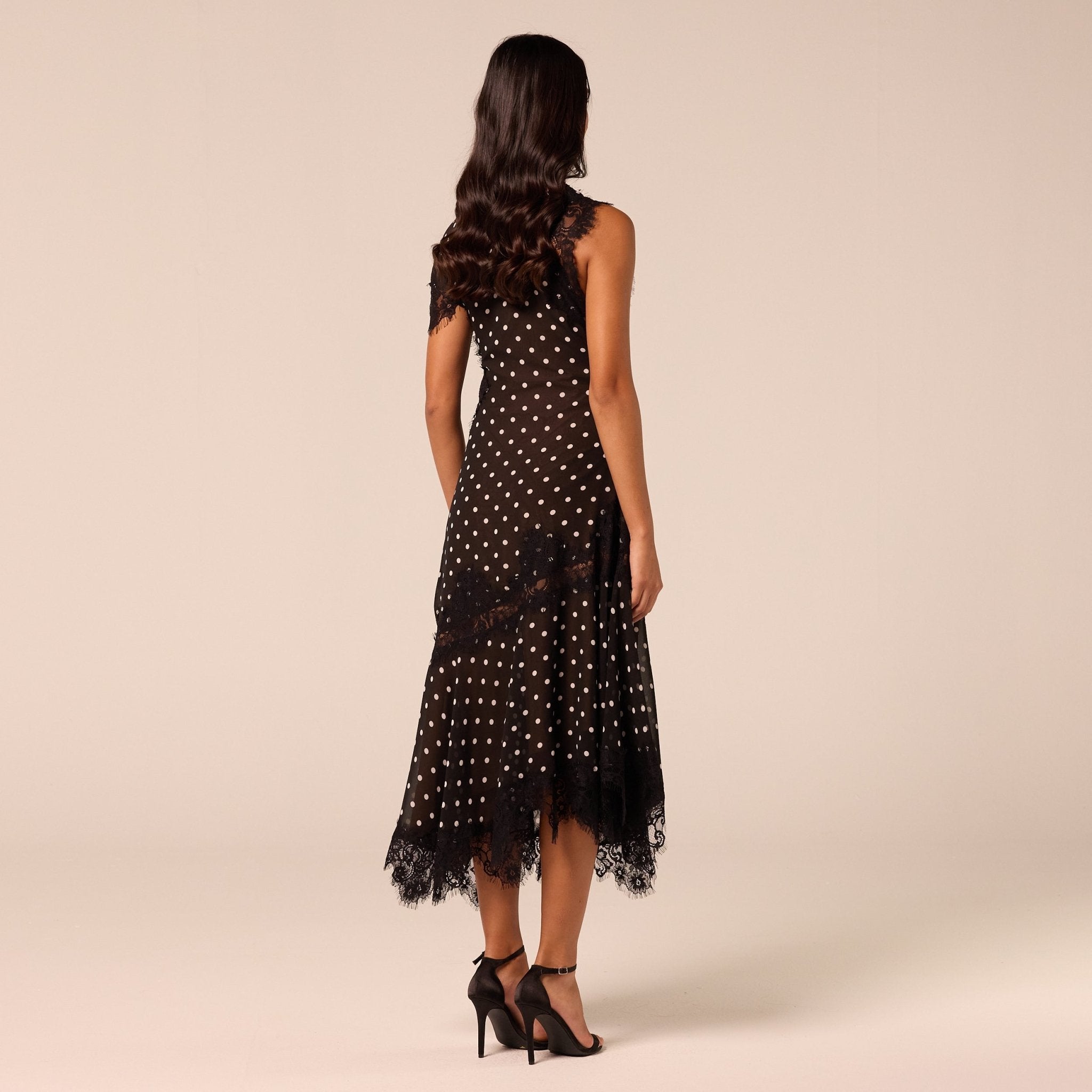 Polka Dot Chiffon Midi Dress with Lace Inserts - shopaleena