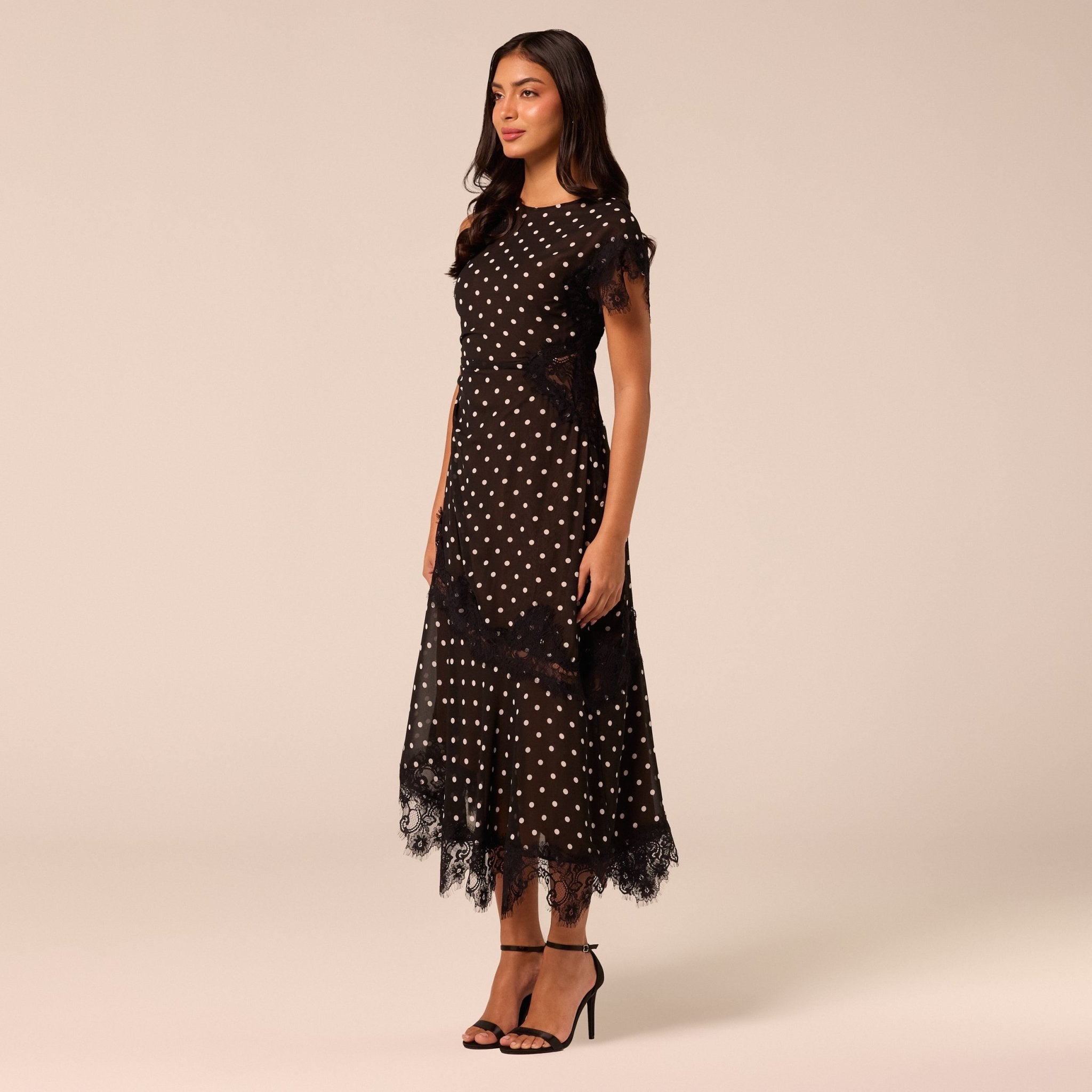 Polka Dot Chiffon Midi Dress with Lace Inserts - shopaleena