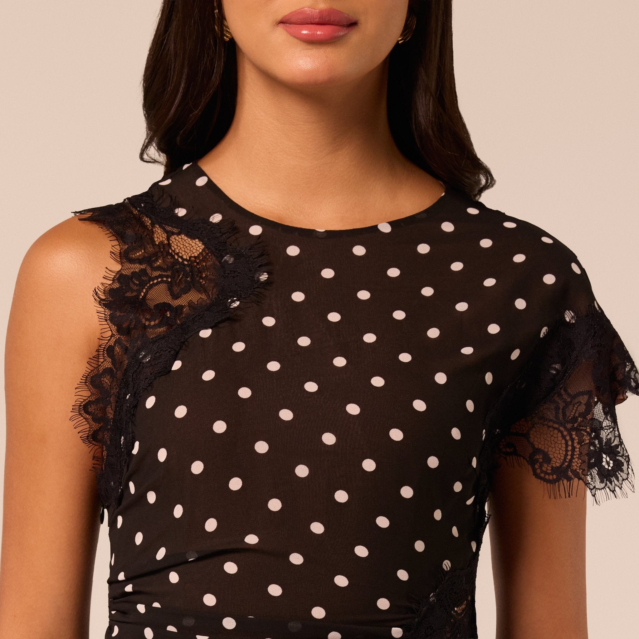 Polka Dot Chiffon Midi Dress with Lace Inserts - shopaleena