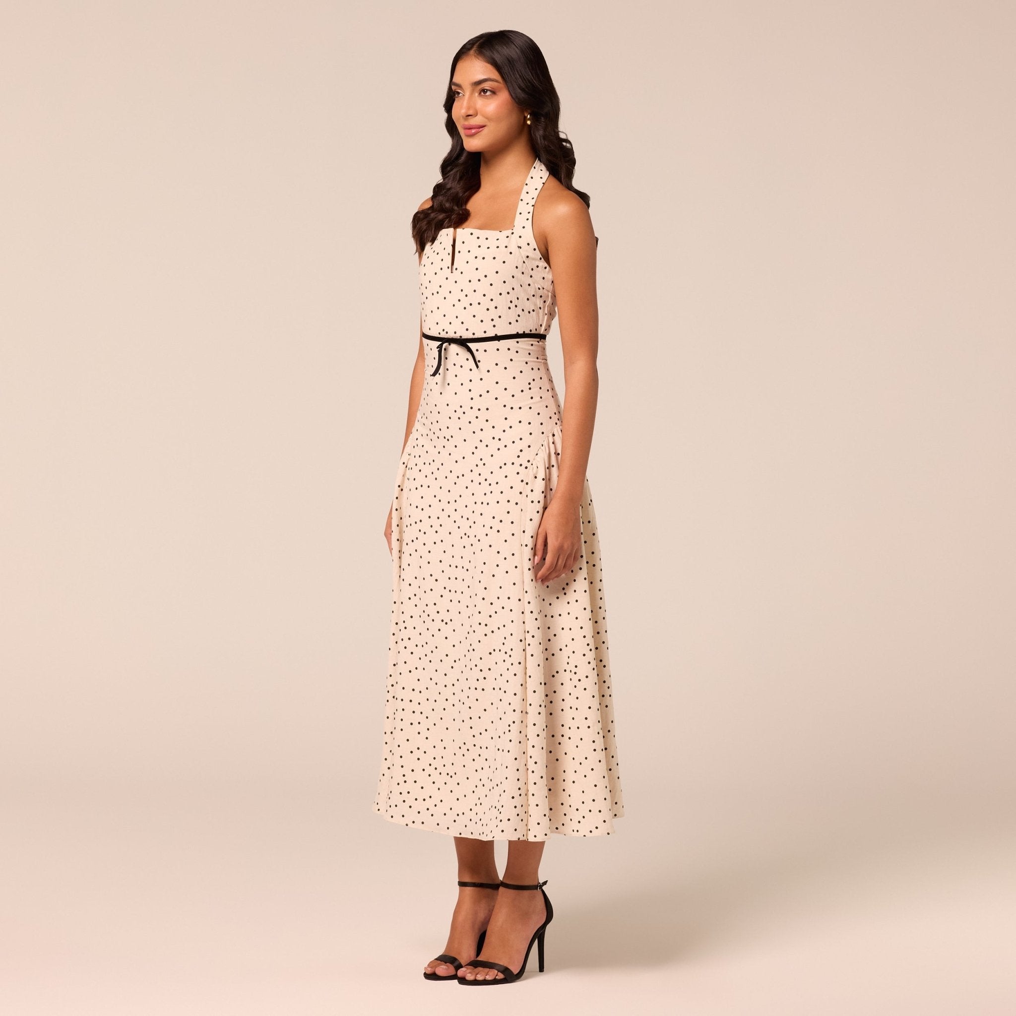 Polka Dot Halter Neck Waist Ribbon Midi Dress - shopaleena