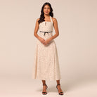 Polka Dot Halter Neck Waist Ribbon Midi Dress - shopaleena