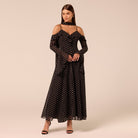Polka Dot Long-Sleeve Bare Shoulder Chiffon Maxi Dress - shopaleena