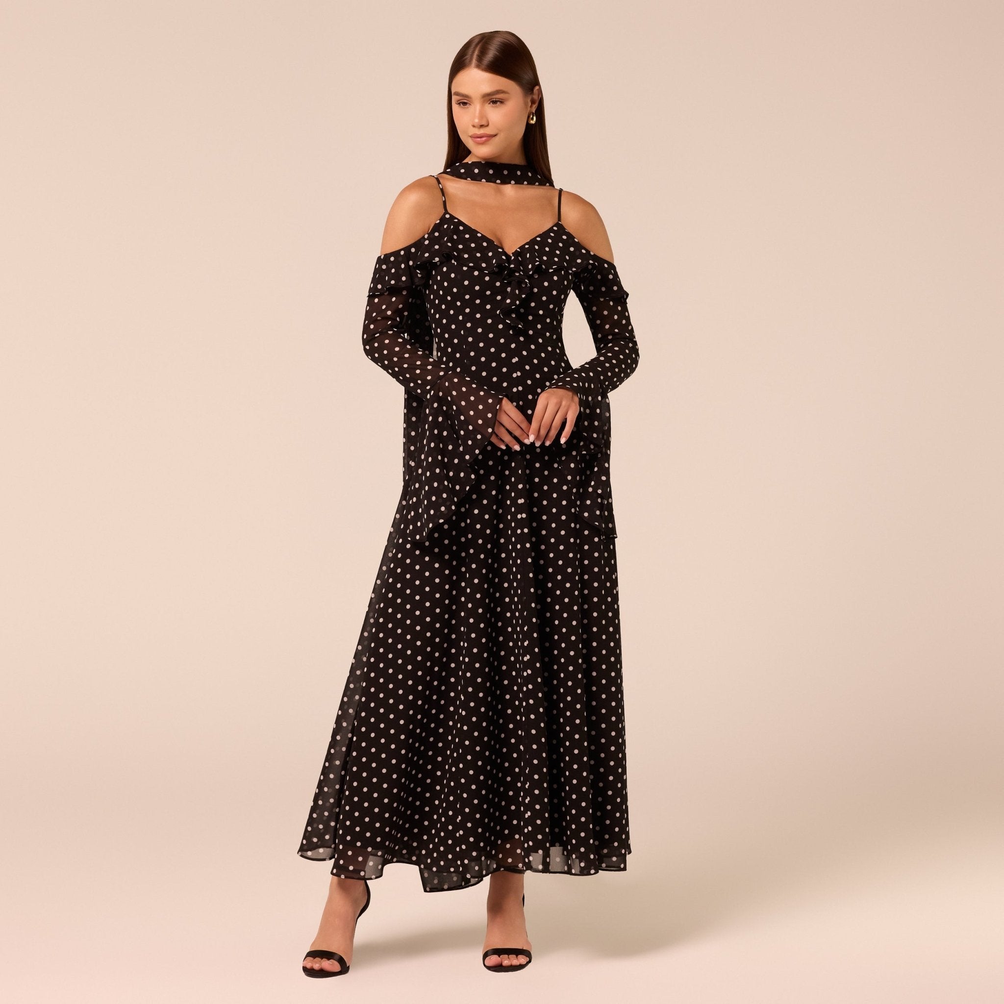 Polka Dot Long-Sleeve Bare Shoulder Chiffon Maxi Dress - shopaleena
