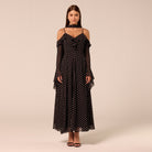 Polka Dot Long-Sleeve Bare Shoulder Chiffon Maxi Dress - shopaleena