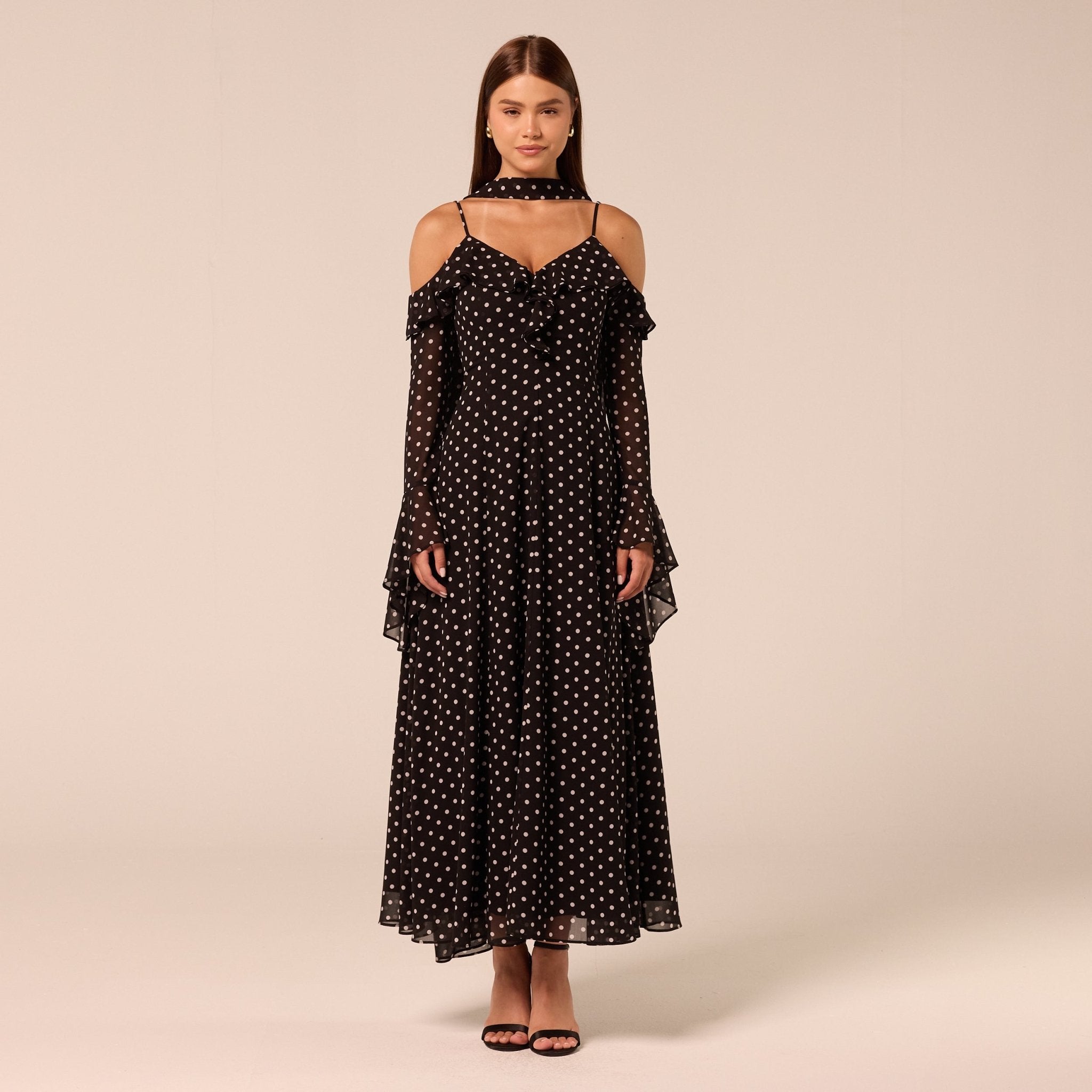 Polka Dot Long-Sleeve Bare Shoulder Chiffon Maxi Dress - shopaleena
