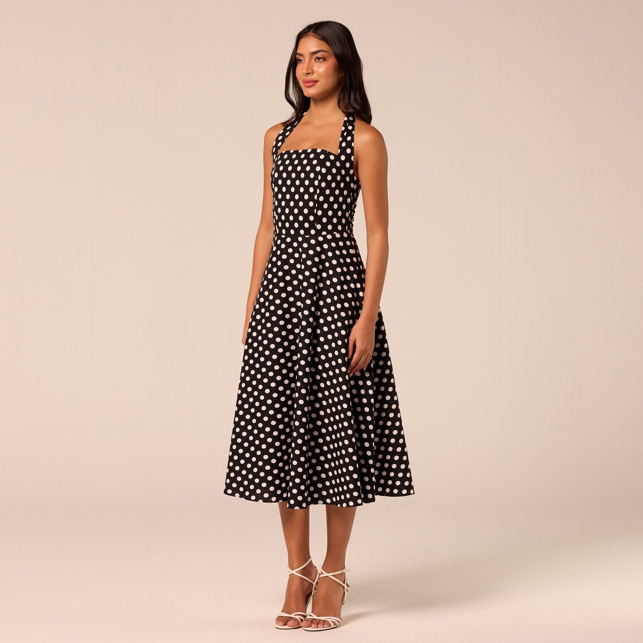 Polka Dot Tie Halter Neck Midi Dress - shopaleena