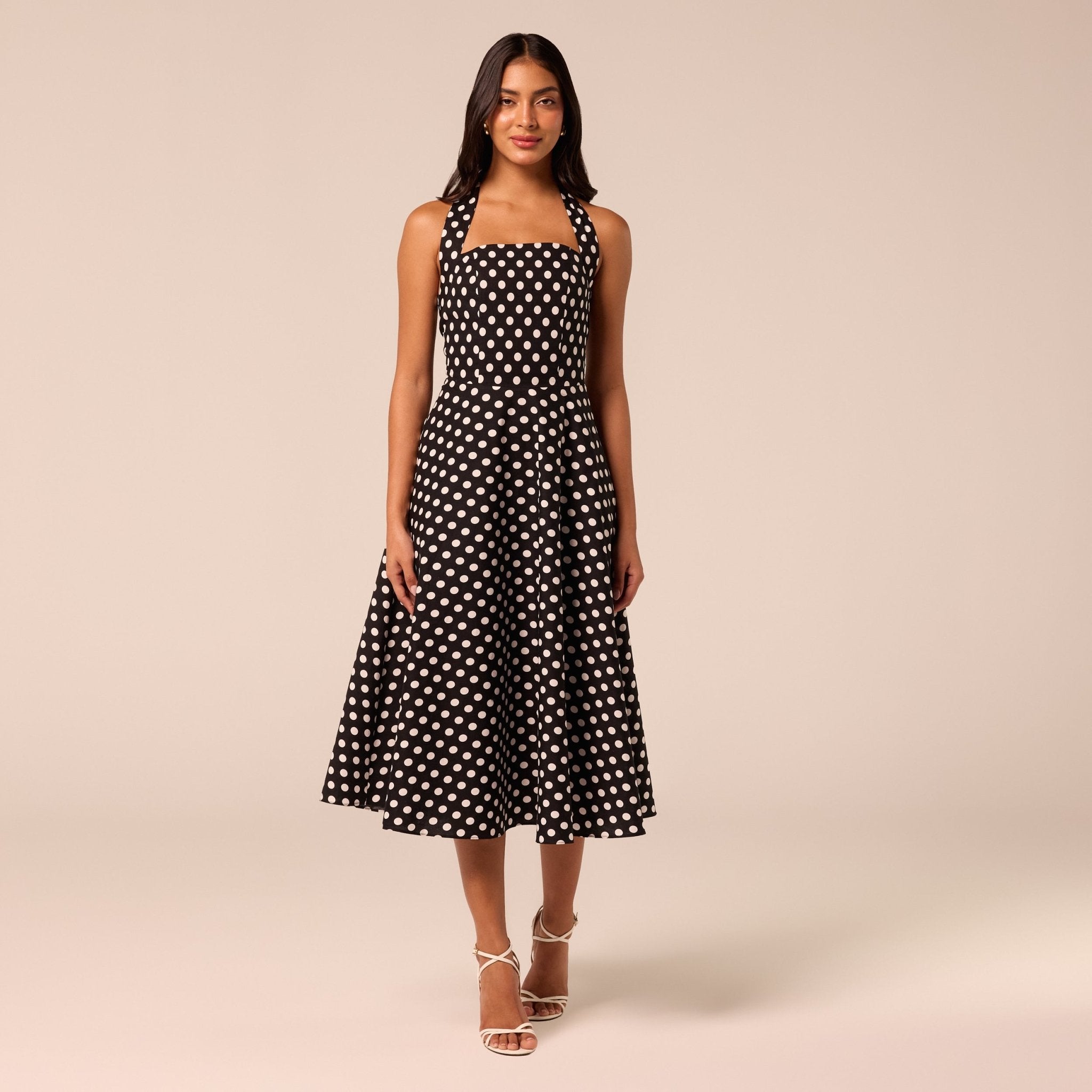 Polka Dot Tie Halter Neck Midi Dress - shopaleena