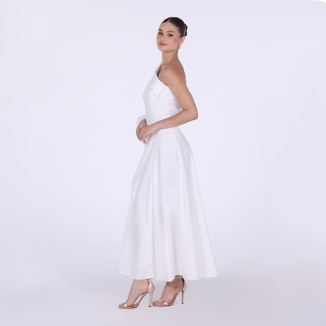 Poplin One - Shoulder Midi Shirt Dress with Side Cord - shopaleena