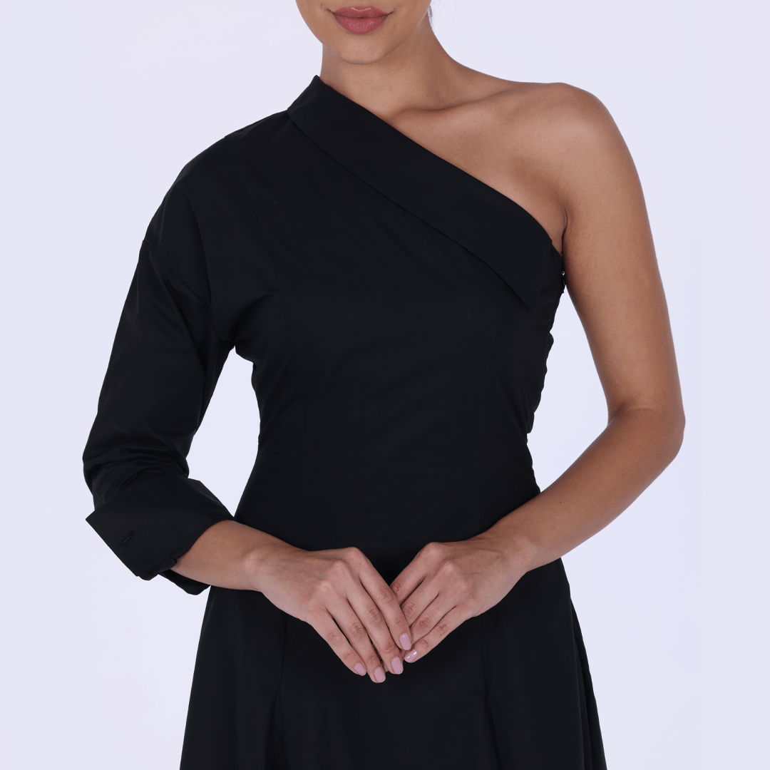 Poplin One - Shoulder Midi Shirt Dress with Side Cord - shopaleena