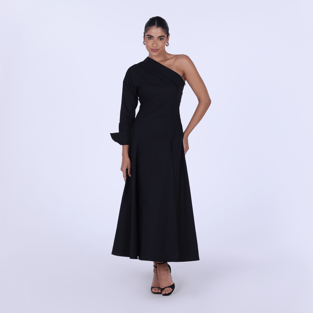 Poplin One - Shoulder Midi Shirt Dress with Side Cord - shopaleena
