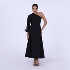 Poplin One - Shoulder Midi Shirt Dress with Side Cord - shopaleena