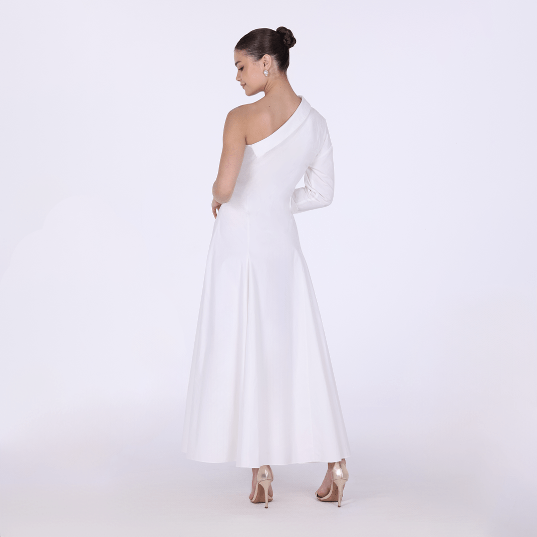 Poplin One - Shoulder Midi Shirt Dress with Side Cord - shopaleena