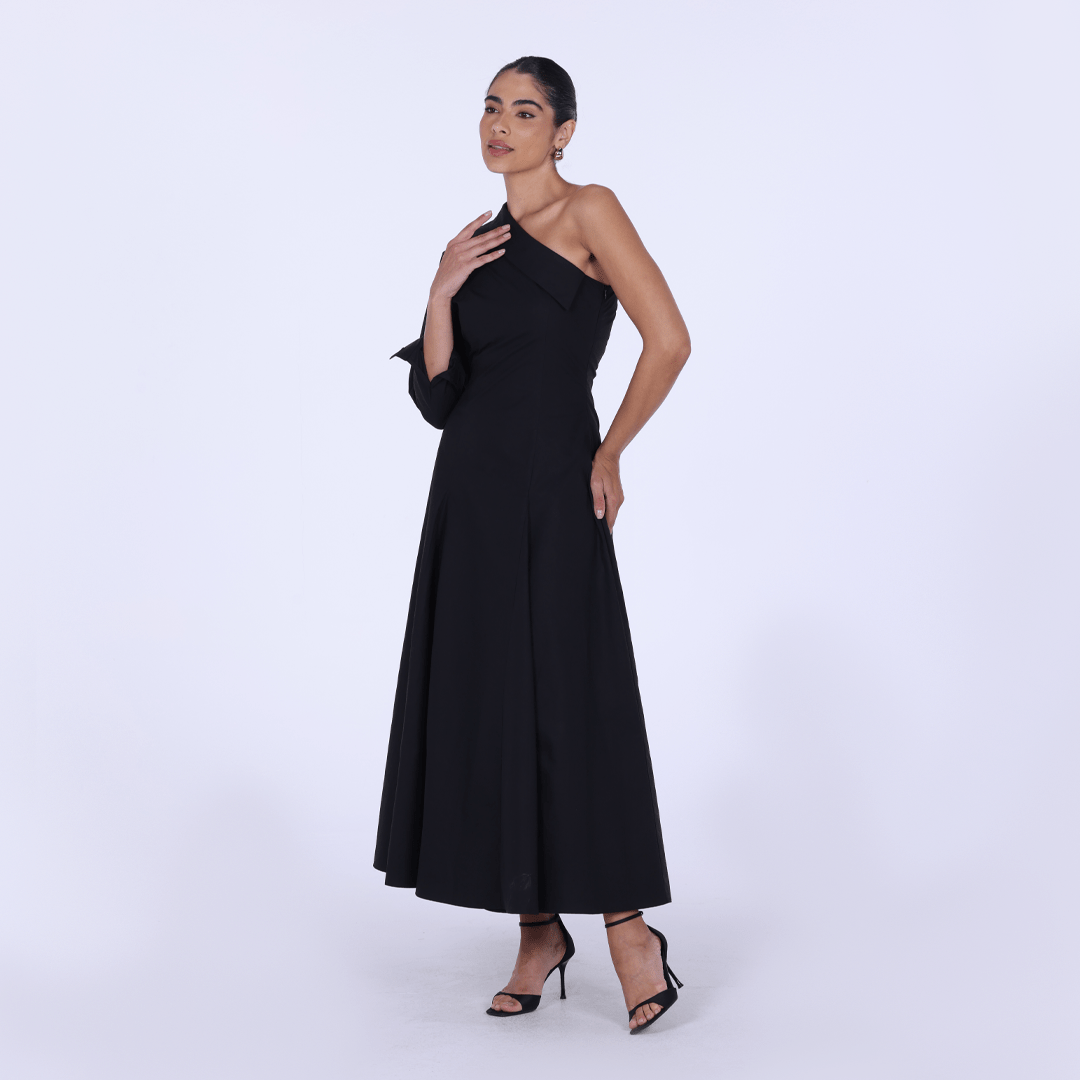 Poplin One - Shoulder Midi Shirt Dress with Side Cord - shopaleena