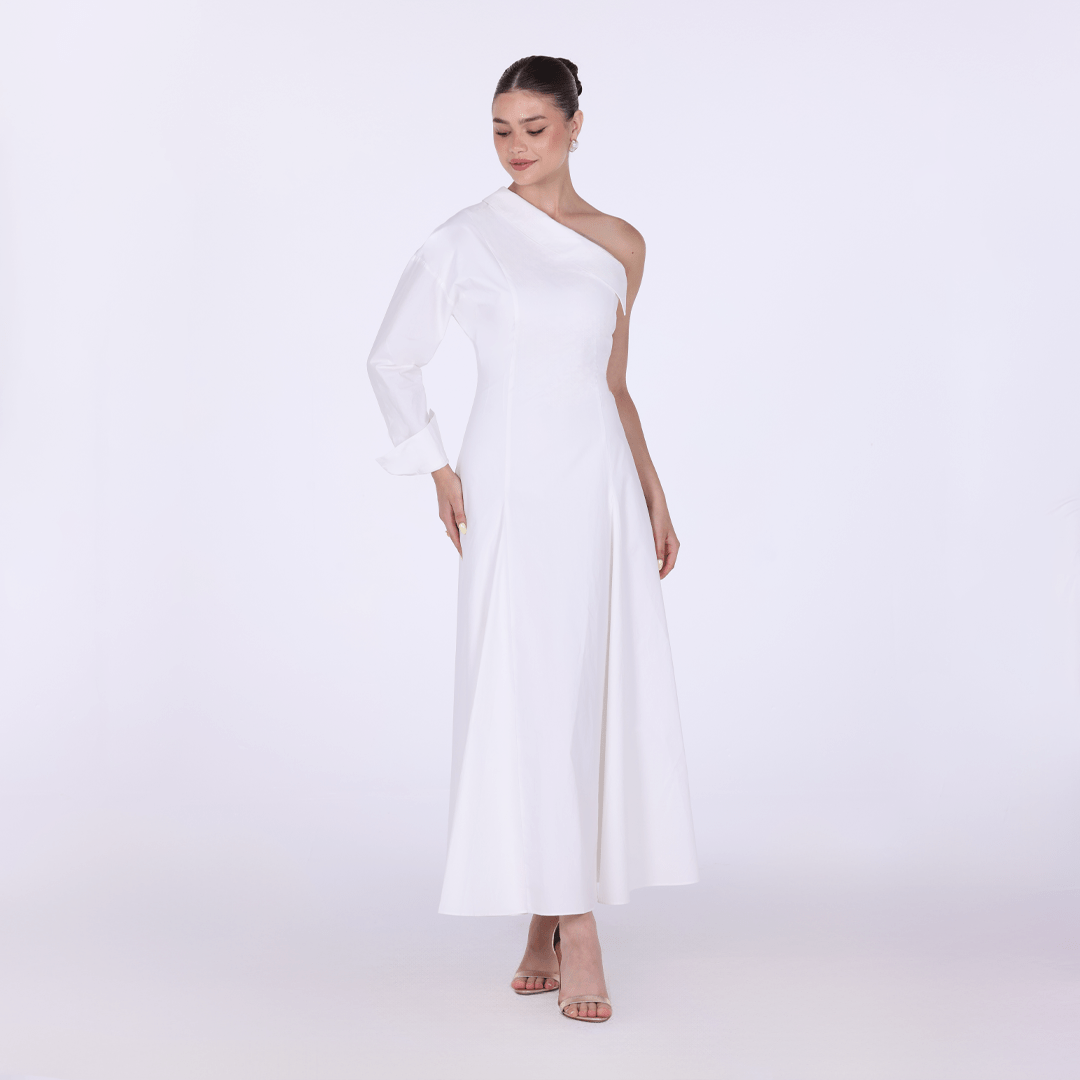 Poplin One - Shoulder Midi Shirt Dress with Side Cord - shopaleena