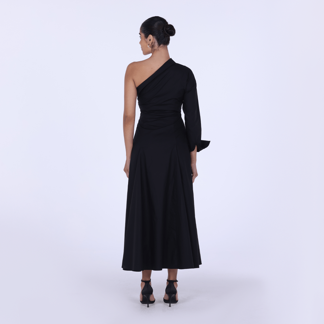 Poplin One - Shoulder Midi Shirt Dress with Side Cord - shopaleena