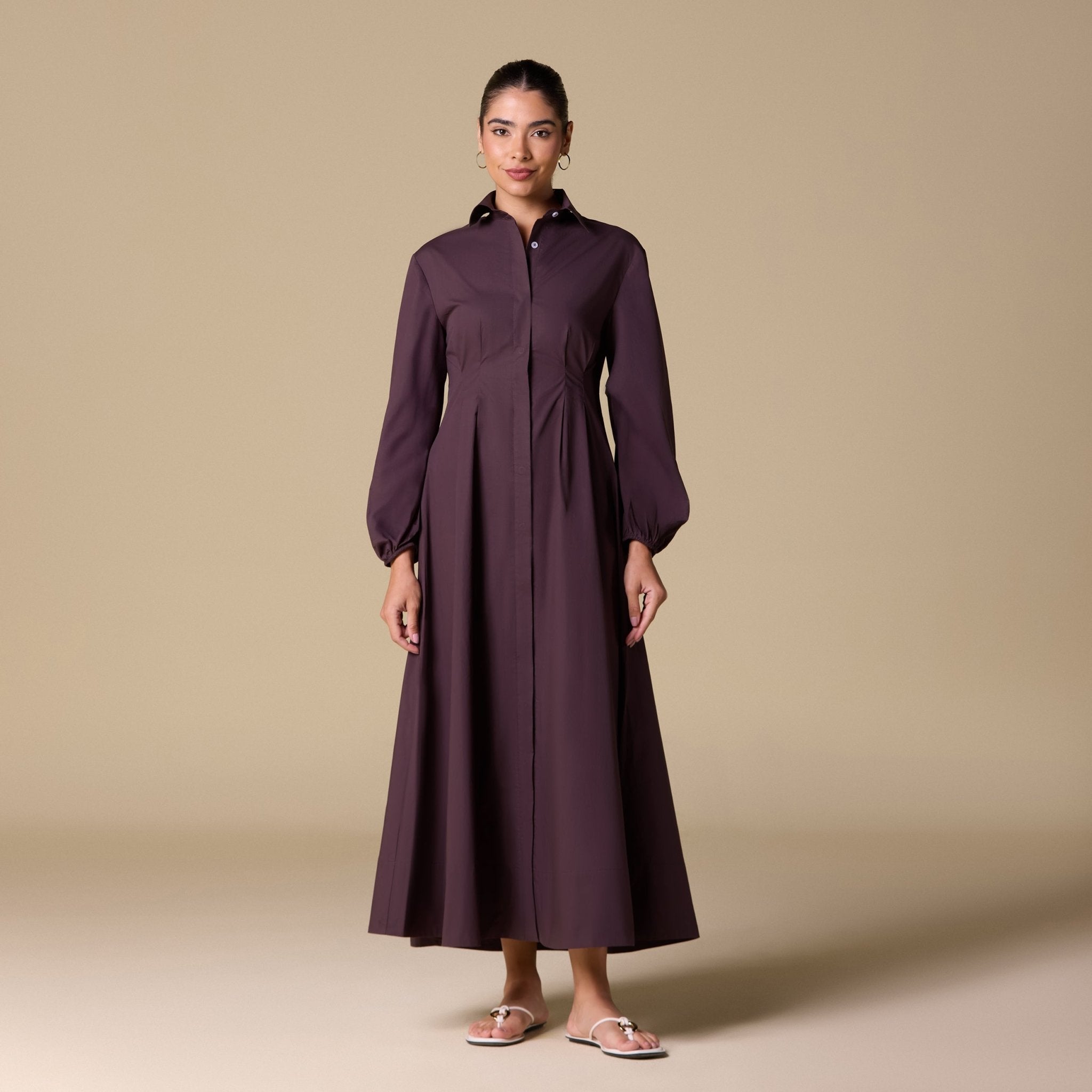 Poplin Pleated Maxi Shirt Dress with Hidden Buttons - shopaleena