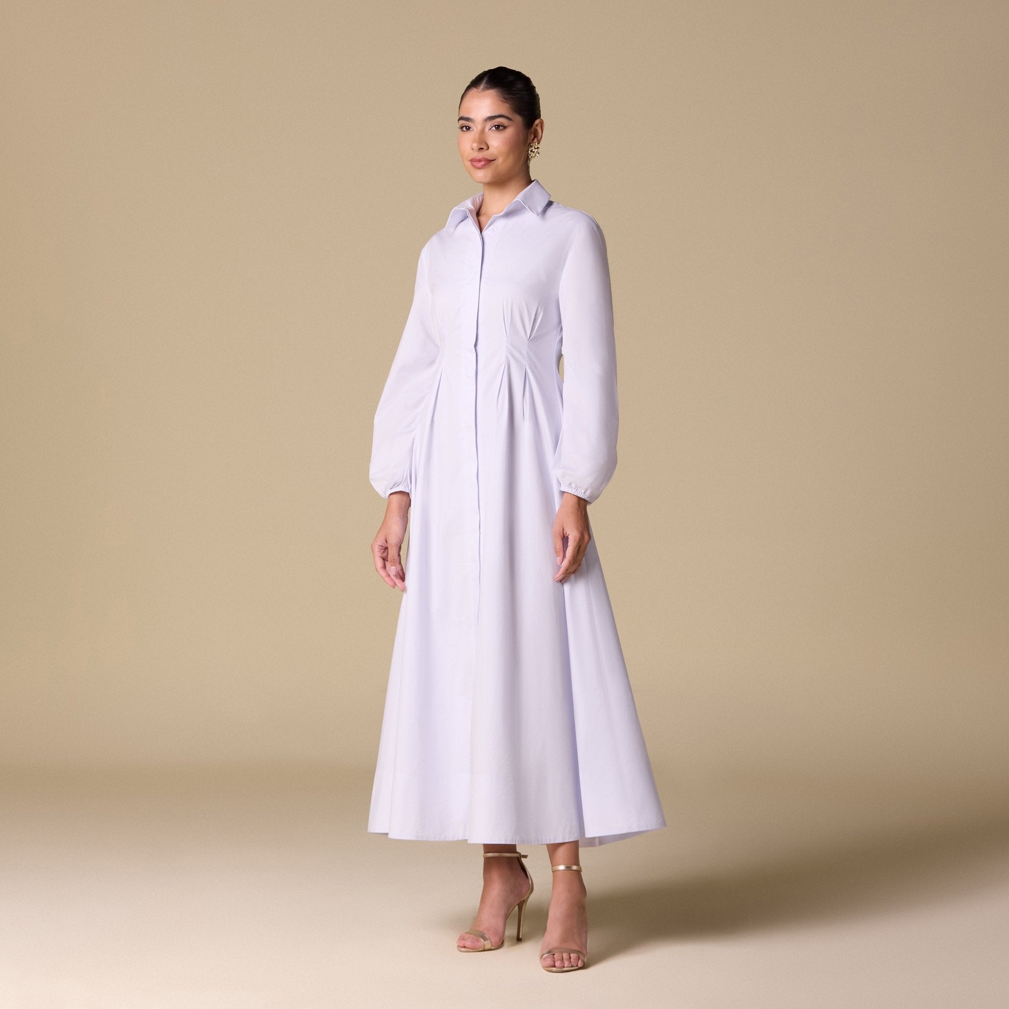 Poplin Pleated Maxi Shirt Dress with Hidden Buttons - shopaleena