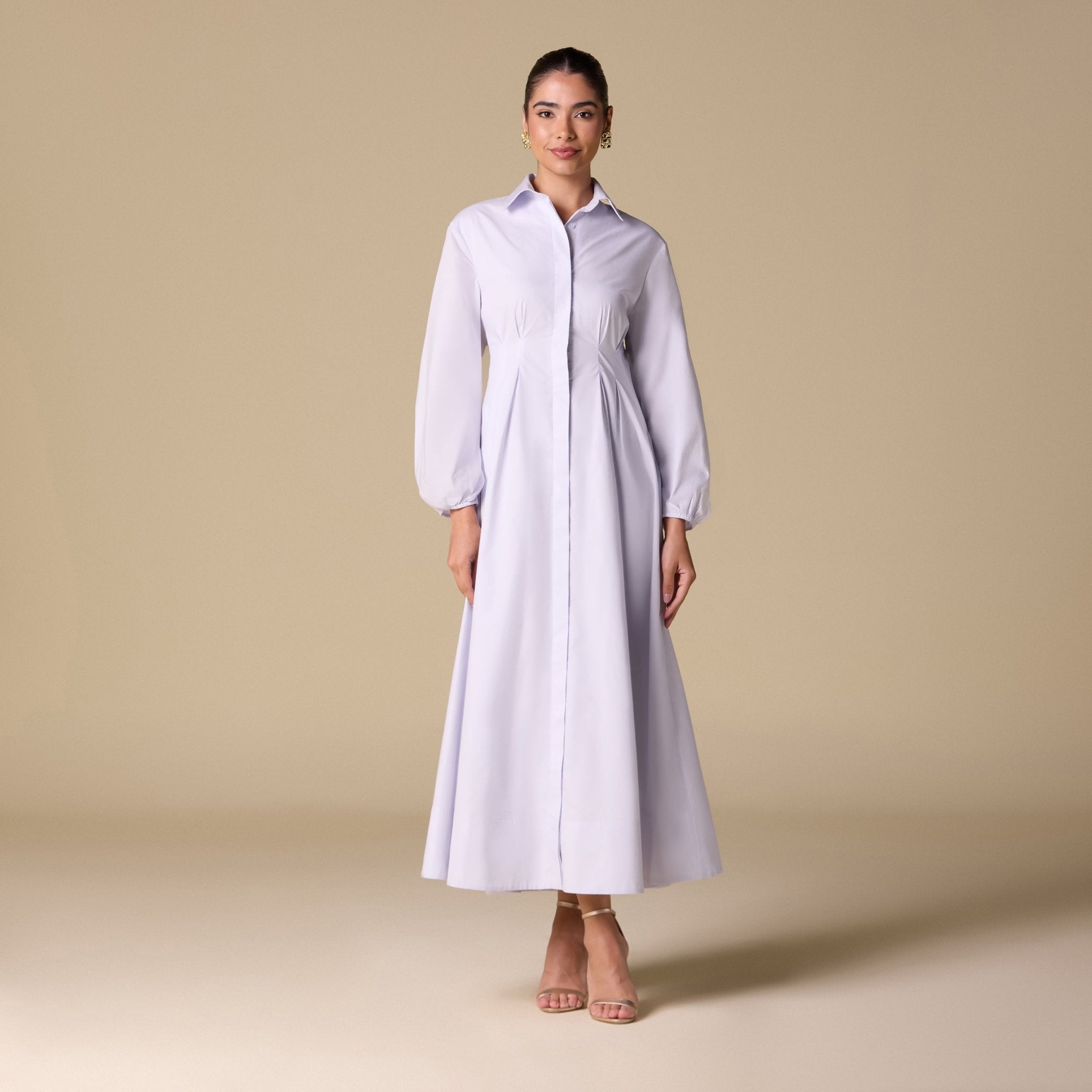 Poplin Pleated Maxi Shirt Dress with Hidden Buttons - shopaleena