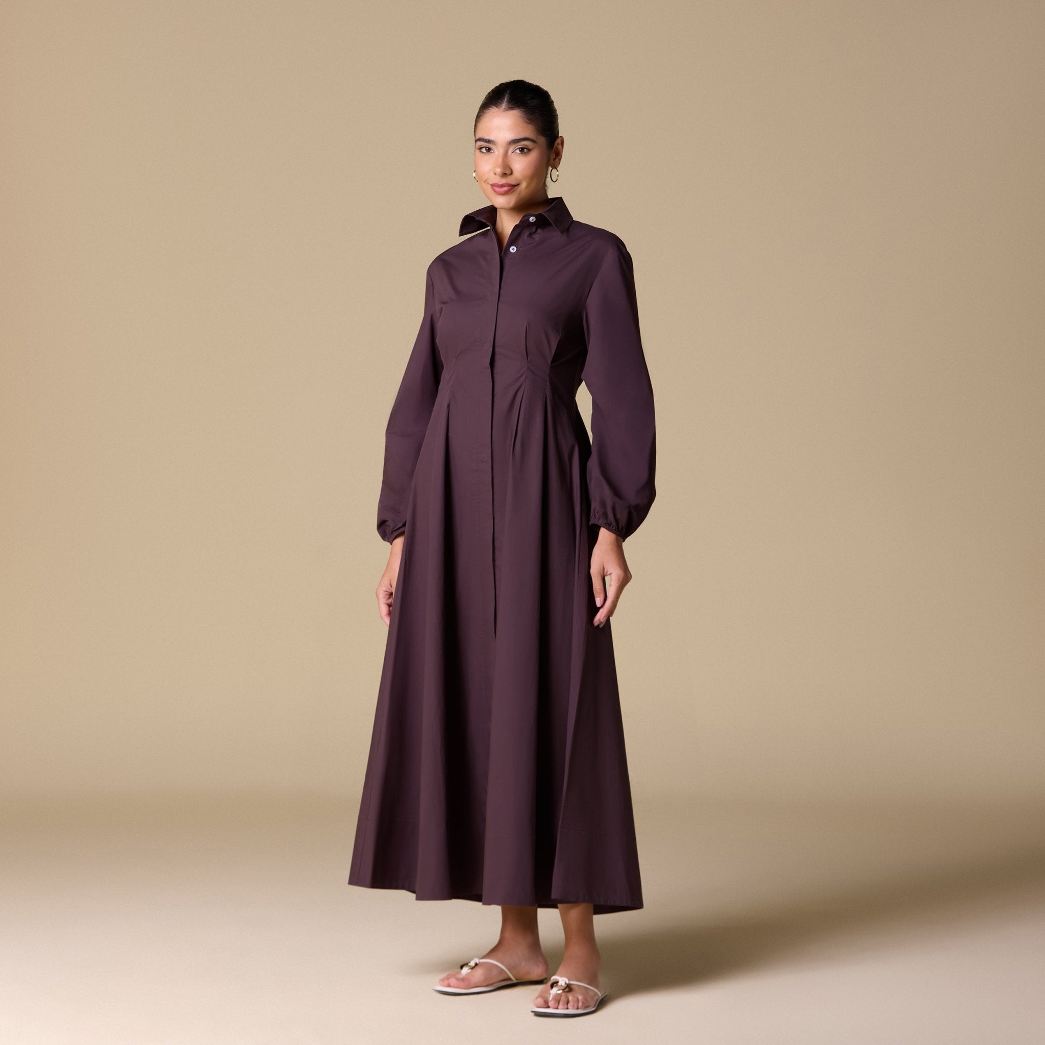 Poplin Pleated Maxi Shirt Dress with Hidden Buttons - shopaleena