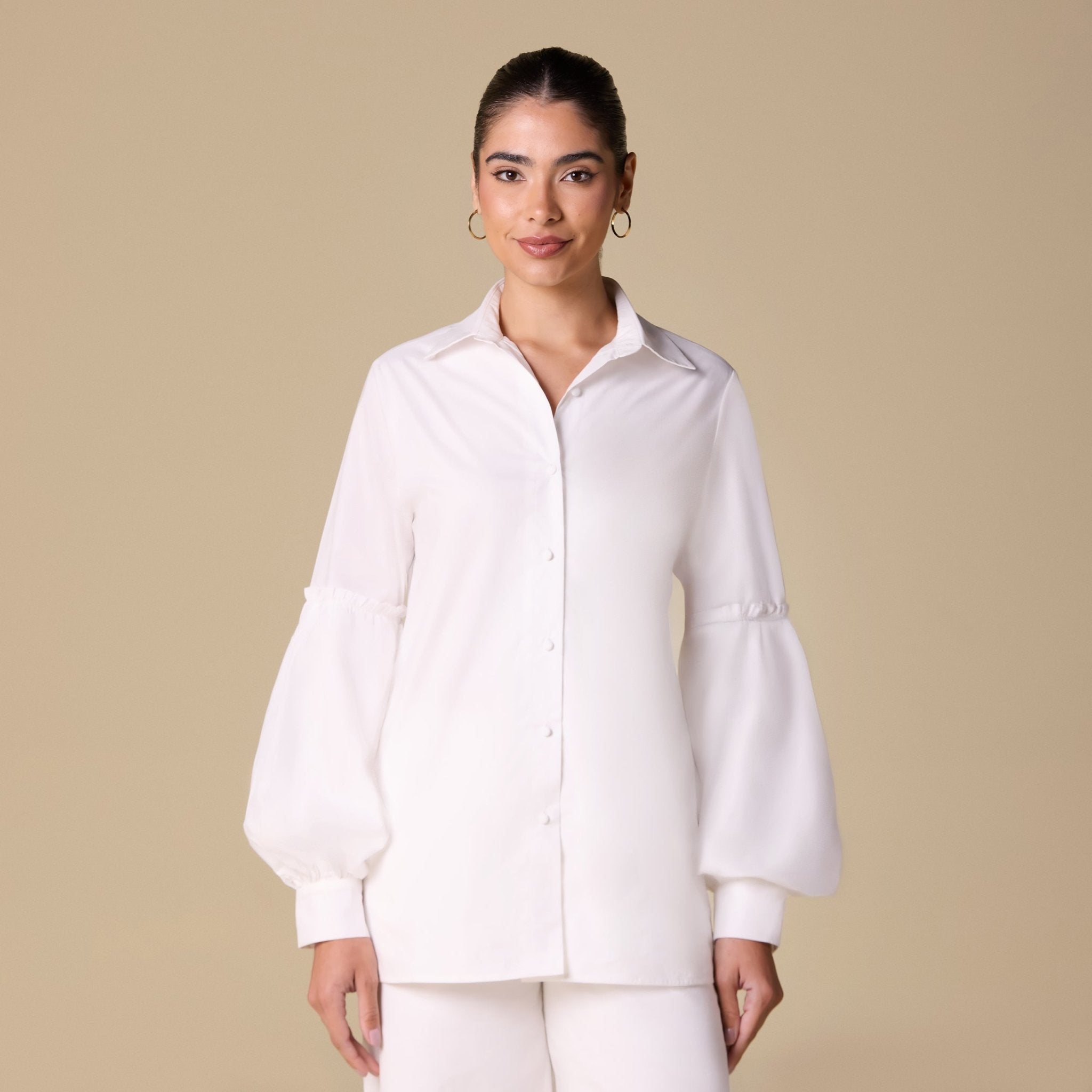 Poplin Puff Sleeve Shirt with Fabric Buttons - shopaleena