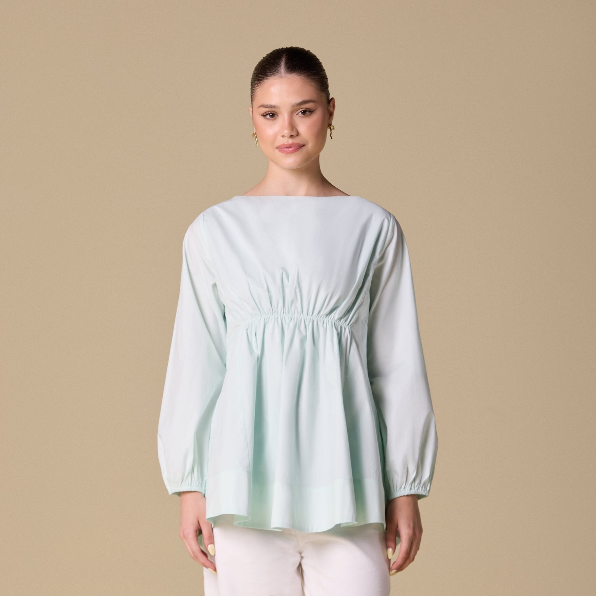 Poplin Puff Sleeves Top with Boat Neck - shopaleena