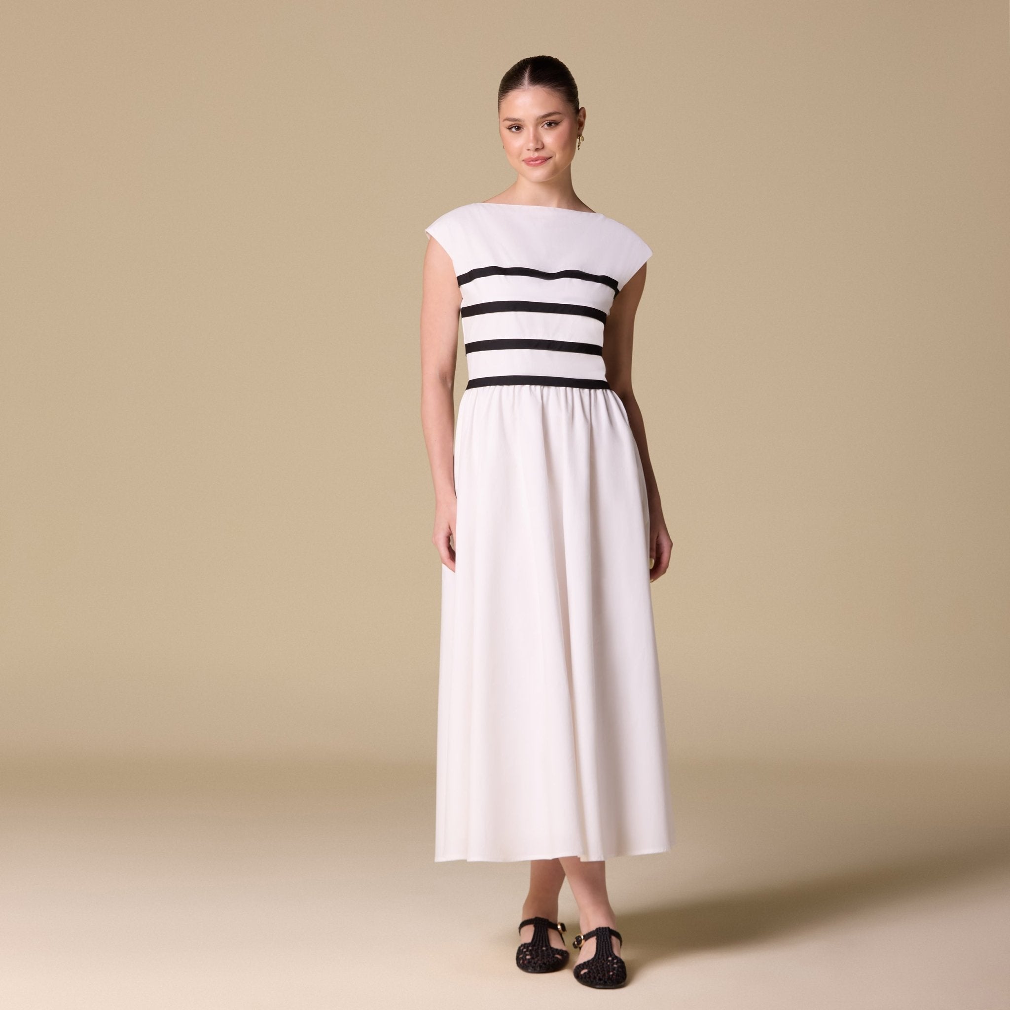 Poplin Striped Flared A Line Midi Dress - shopaleena