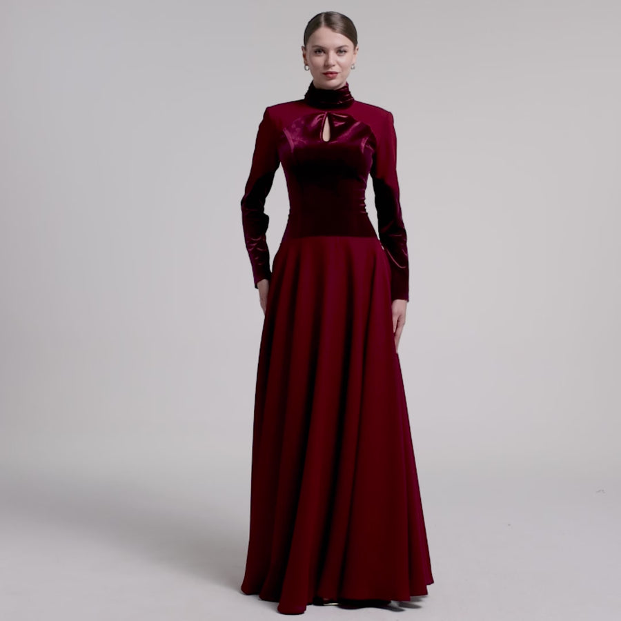 Burgundy Velvet-Crepe Maxi Dress with Pleated Skirt