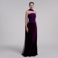 Purple Velvet-Chiffon Strapless Gown with Draped Scarf