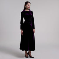 Dark Purple Velvet Gathered Waist Maxi Dress