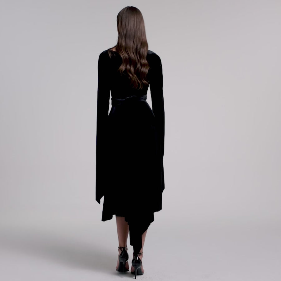 Black Cape Sleeve Twist-Waist Velvet Dress