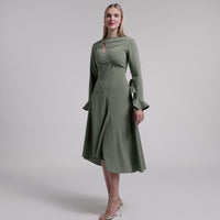 Green Gathered Chest Crepe Midi Dress