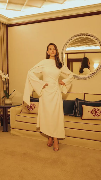 white midi dress with scarf White Dress with Scarf around Neck
