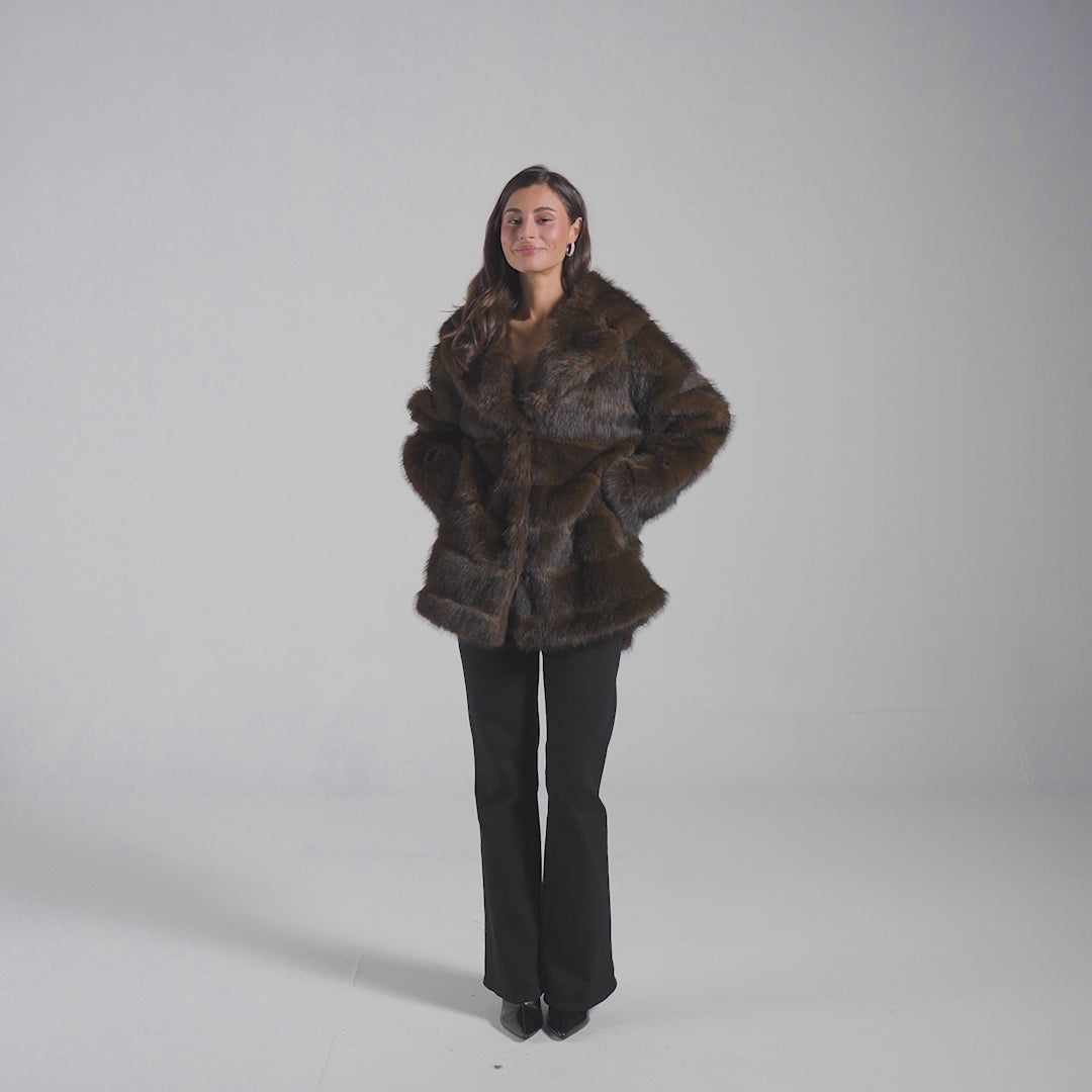 Dark Brown Faux Sable Fur Wide Collar Coat – shopaleena