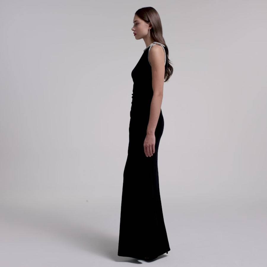 One-Shoulder Black Velvet Maxi Dress with Sparkling Shoulder Detail