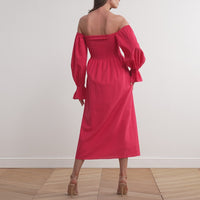 Smocked-Bodice Poet-Sleeve Midi Dress in Linen Cotton Blend