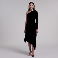 One-Shoulder Velvet Dress with Asymmetric Hemline