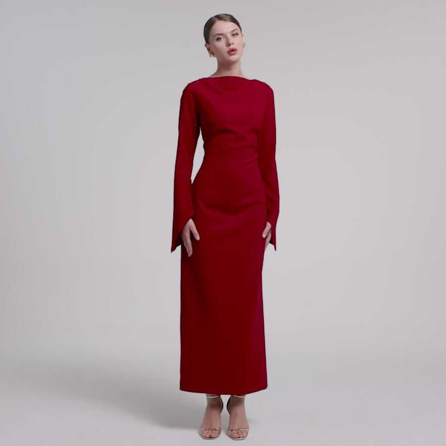 Dark Red Flared Long Sleeve Maxi Dress