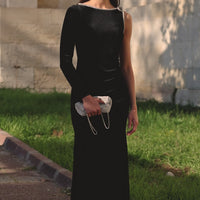 One-Shoulder Black Velvet Maxi Dress with Sparkling Shoulder Detail