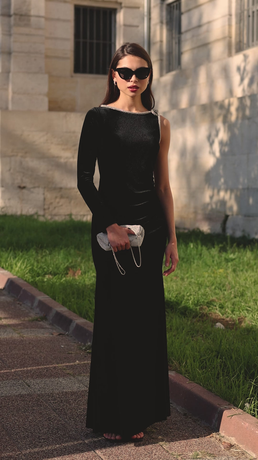 One-Shoulder Black Velvet Maxi Dress with Sparkling Shoulder Detail