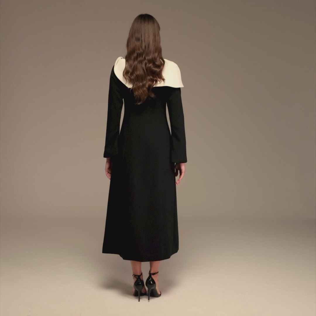 Black and White Folded Neck Long Sleeve Crepe Dress – shopaleena