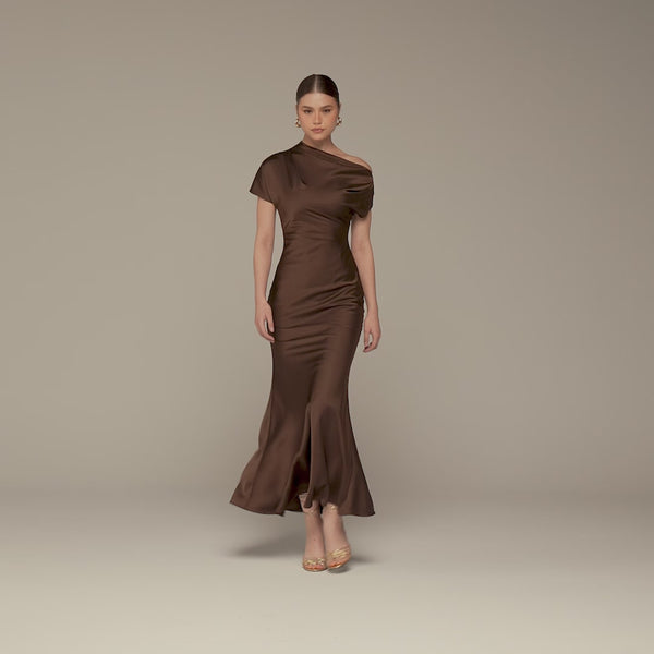 Dark Brown Draped Neckline Satin Maxi Dress – shopaleena