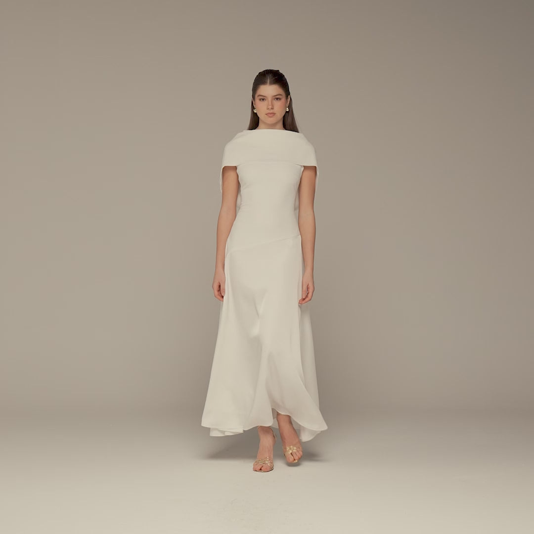 Ivory Off-Shoulder Crepe and Satin Maxi Dress – shopaleena