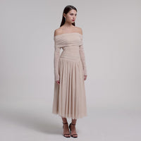 Off Shoulder Gathered Waist Midi Dress