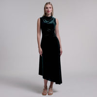 Green Velvet Midi Dress With Asymmetric Skirt