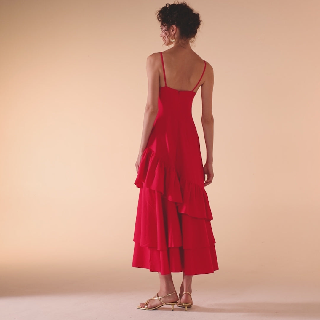 Red Linen Dress With Ruffled Skirt – shopaleena