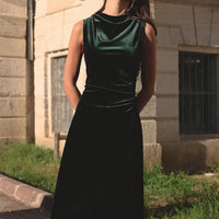 Green Velvet Midi Dress With Asymmetric Skirt