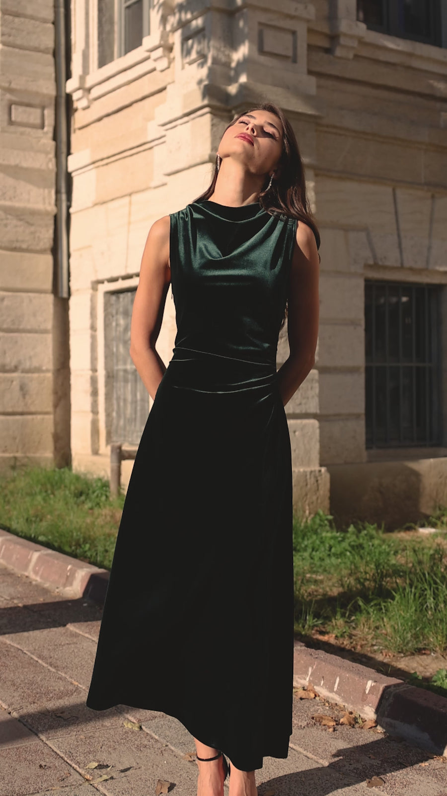 Green Velvet Midi Dress With Asymmetric Skirt