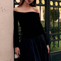 Velvet-Taffeta Off Shoulder A-line Dress