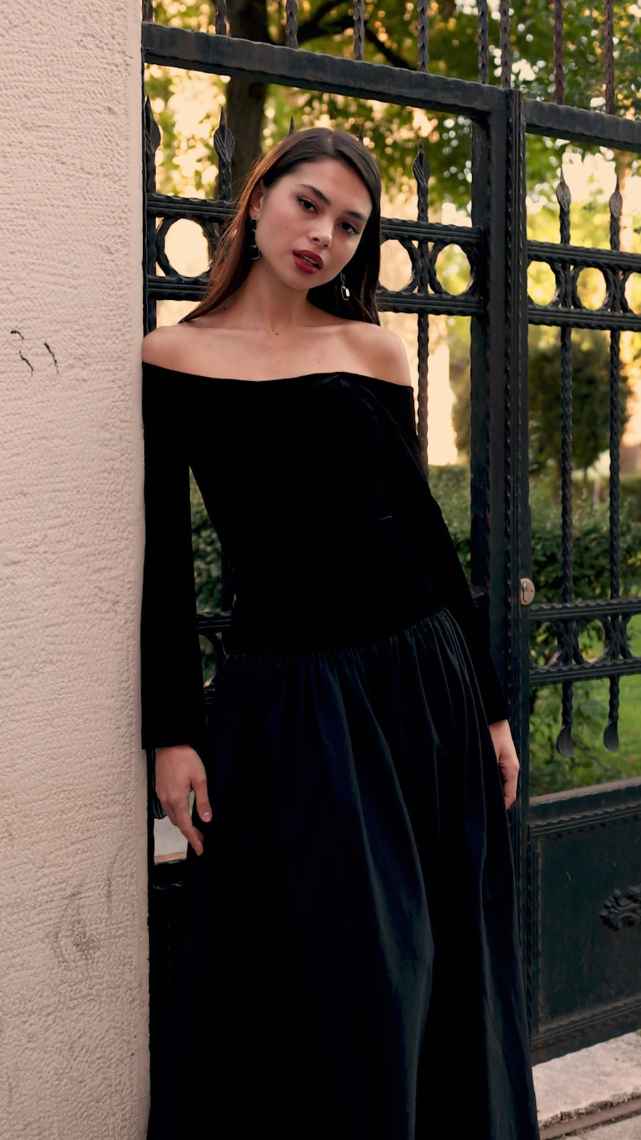 Velvet-Taffeta Off Shoulder A-line Dress