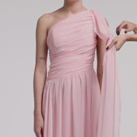 Pink Drapped Long One Shoulder Dress